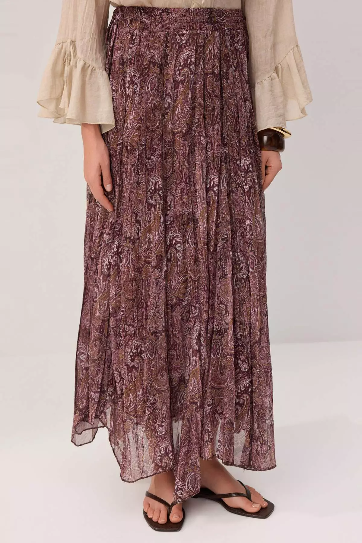 Brown Chiffon Pleated Lined Ethnic Patterned Maxi Skirt Tctss26Ee00007