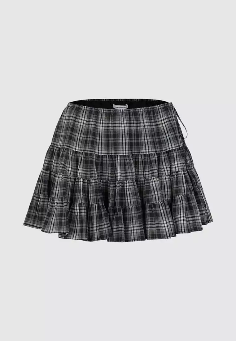 Drawstring Tie Side Plaid Layered Ruffle Cotton Mini Skirt
