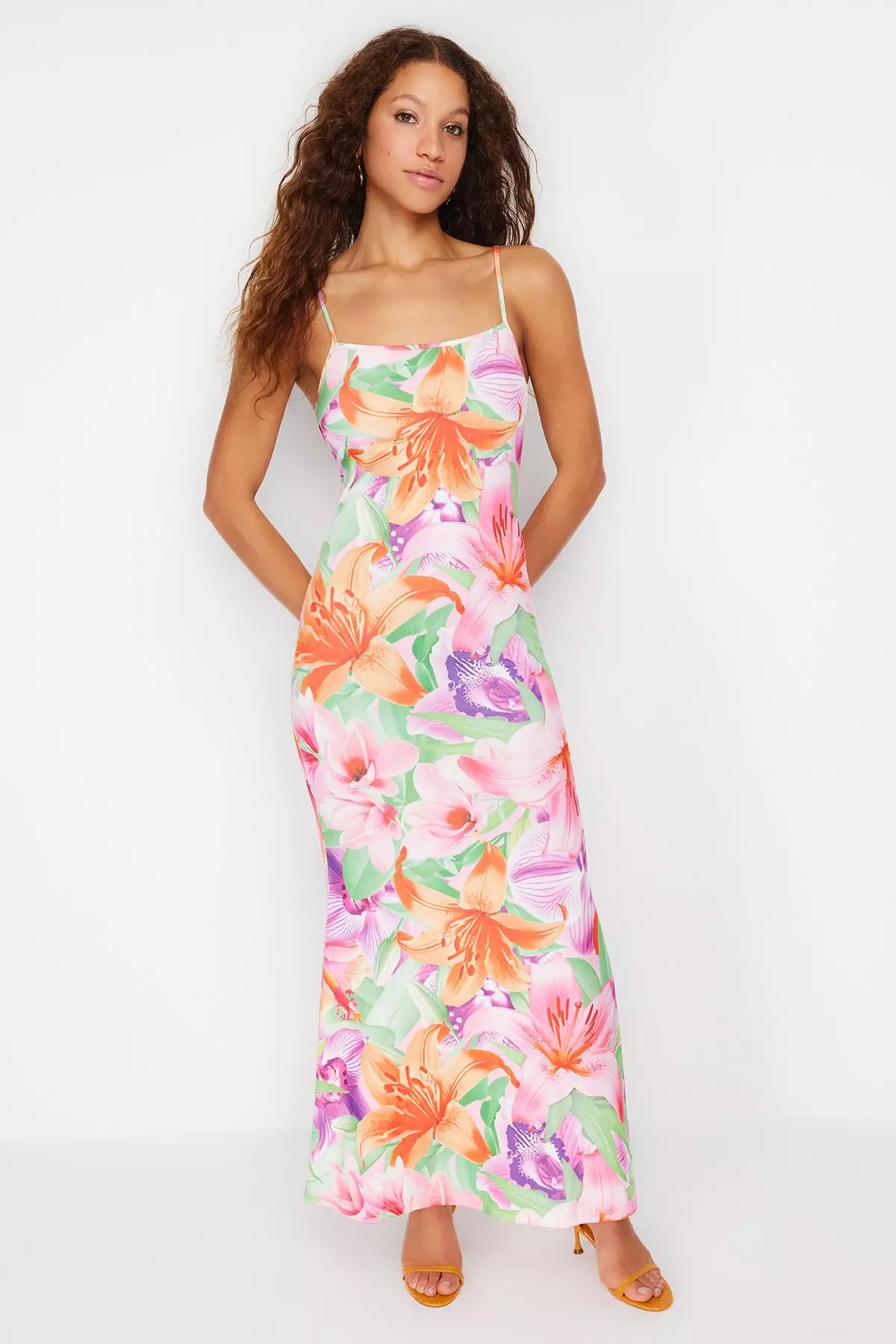 Multicolored Floral Bodycone/Fit Strap Maxi Stretchy Knitted Maxi Pencil Dress TWOSS23EL02435