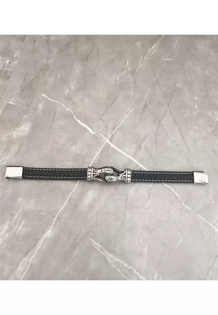 Accessories Pria Stainless Steel Knot Design Center Leather Bracelet Gelang Pria Black & Silver 
