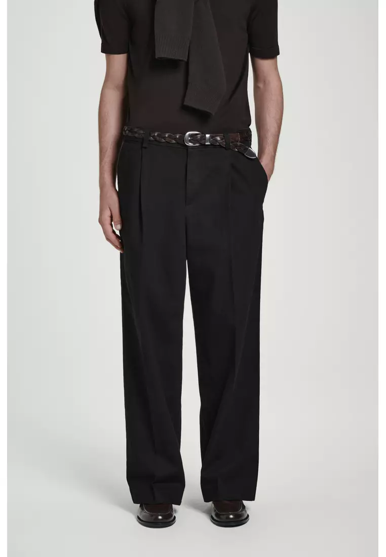 PLEATED WIDE-LEG DENIM TROUSERS