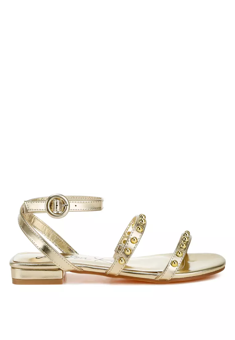 Discount on London Rag  shoes - SKU: Studded Ankle Strap Flat Sandals in Gold