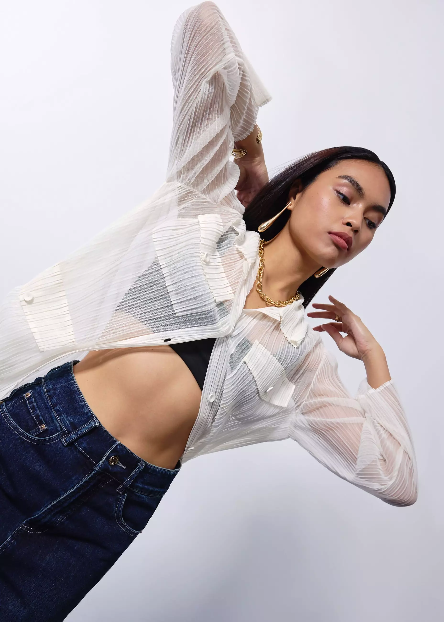 Atasan Wanita - Sheer Plisse Collared Button Down Shirt