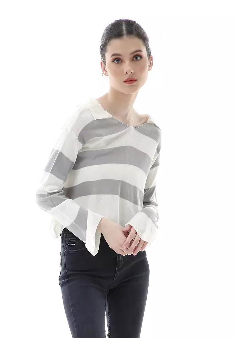 Vilia Rajut Crop Atasan Wanita Oversize Motif Stripe Garis Relaxed Fit - Abu Muda