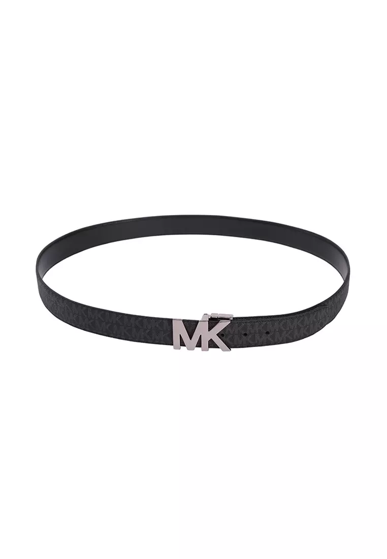 MICHAEL Michael Kors Reversible Faux Leather Belt with MK Logo Buckle, Black  and Silver Metallic, Large at  Women's Clothing store