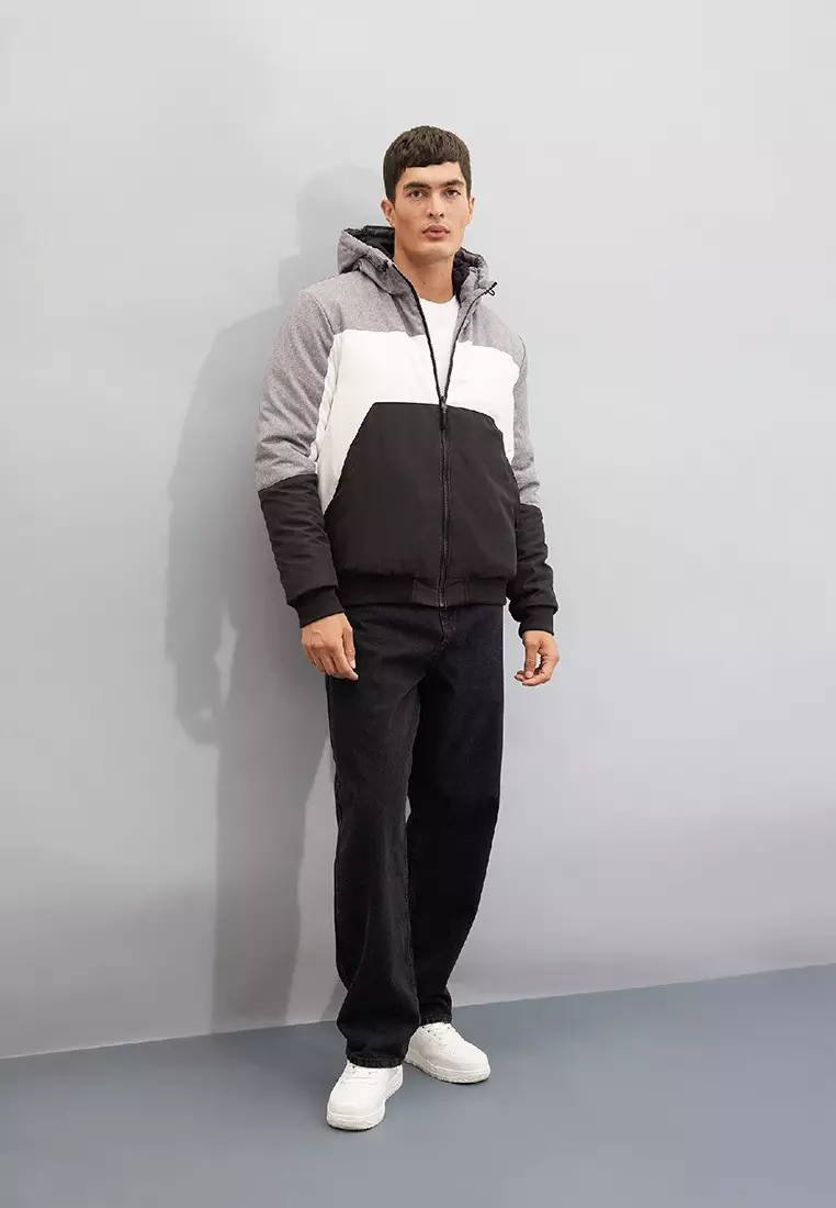 Color Block Hooded Fleece Puffer Jacket