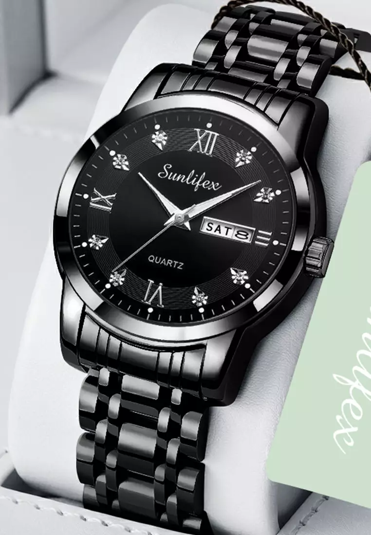 Jam Tangan Pria 9010 Kalender Kuarsa Tali Stainless Steel Bisnis Santai Jam Tangan Cowok allblack