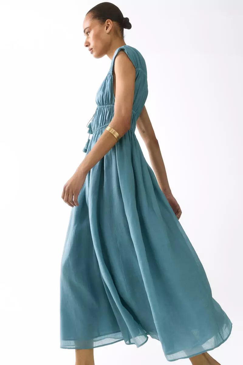 Drawstring-detail ramie dress