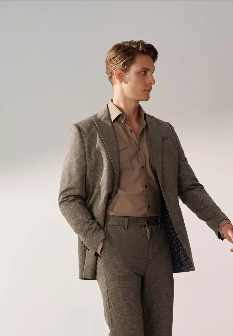 Hazelnut Brown Houndstooth Slim Stretch Jersey Blazer