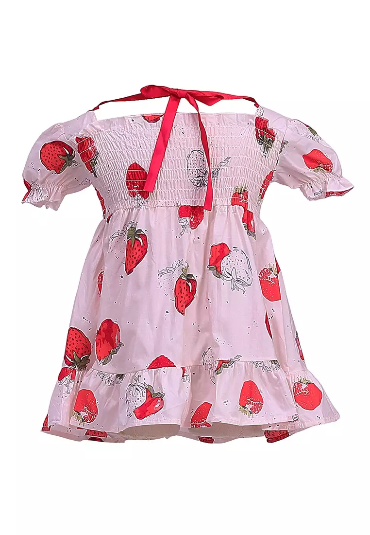 Bianca Gaun Anak Perempuan Motif Strawberry Kids Dresses Short Sleeve Material Cotton ORIGINAL - Pink