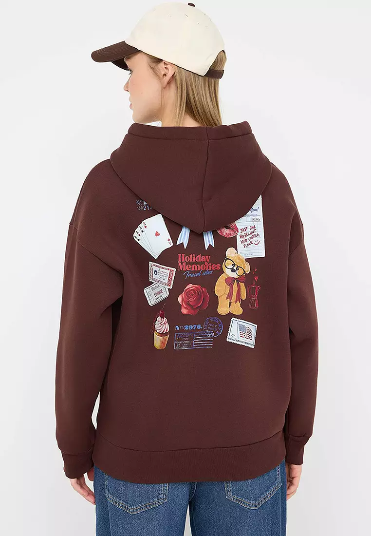 Teen Brown Back Printed Oversize Pattern Hooded Polar Fleece Knitted Sweatshirt