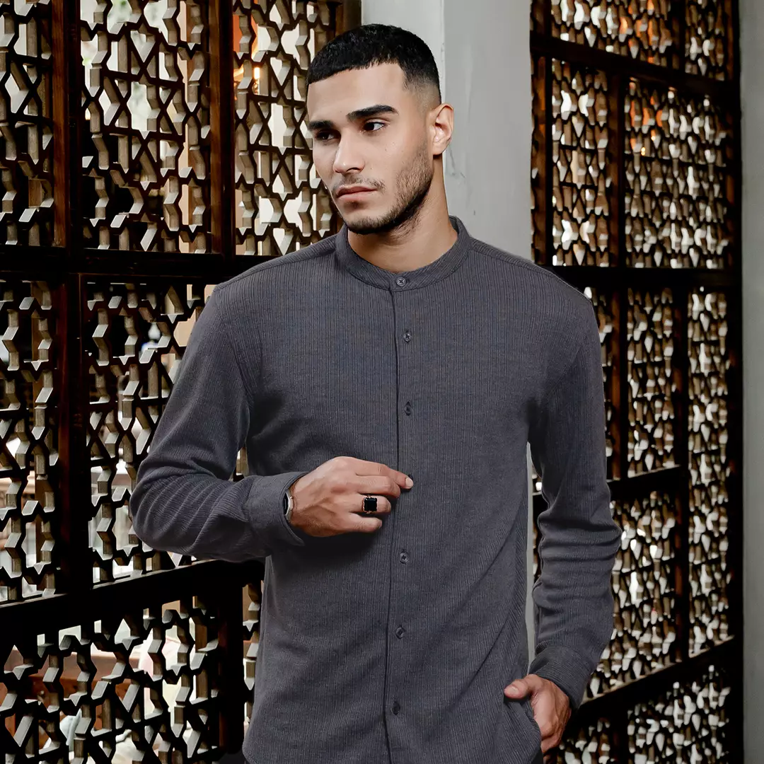 OXCON Kemeja Tangan Panjang Koko Knit Malik Collarless Shirt Grey