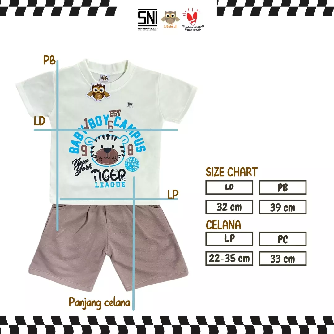 Little J - (1721 coklat susu) Setelan Anak Laki-Laki Baby Boy Campus Tiger  Baju Anak Cowok Set Kaos + Celana Pendek Size 12-36 Bulan