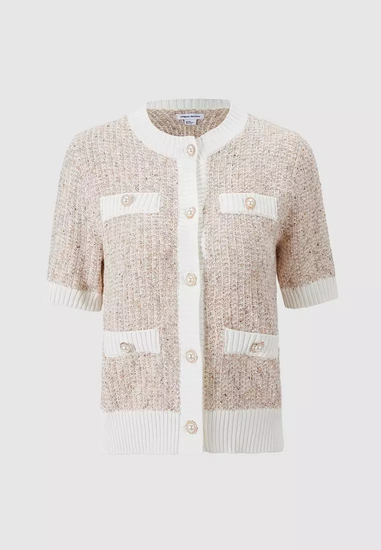 Short Sleeve Tweed Knit Cardigan With Pocket Detail