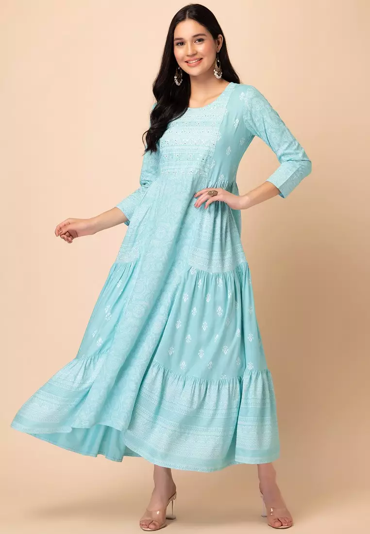 Light Blue Floral Print Rayon Tiered Dress