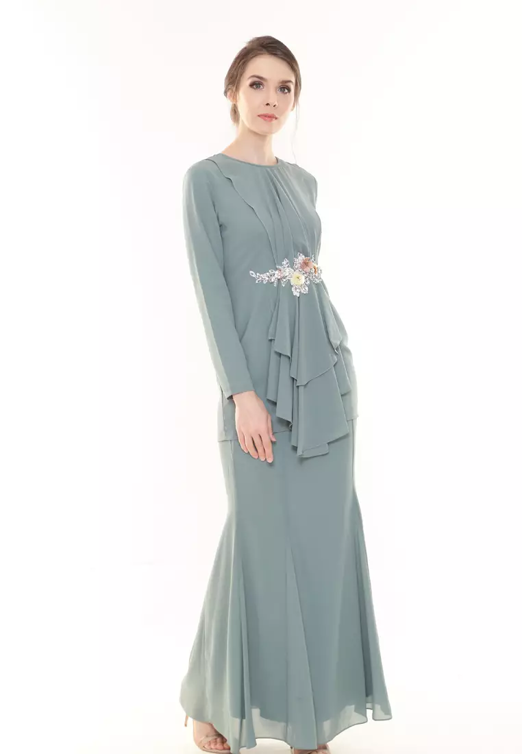 Patricia Pleated Kurung Modern in Dusty Green