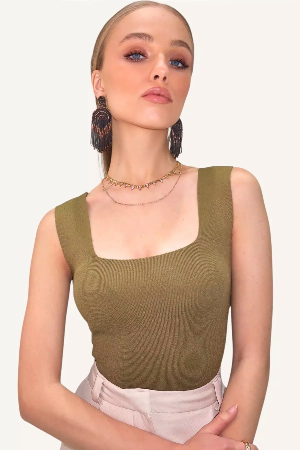 Women's Khaki Square Neck Slim Mercerized Blouse