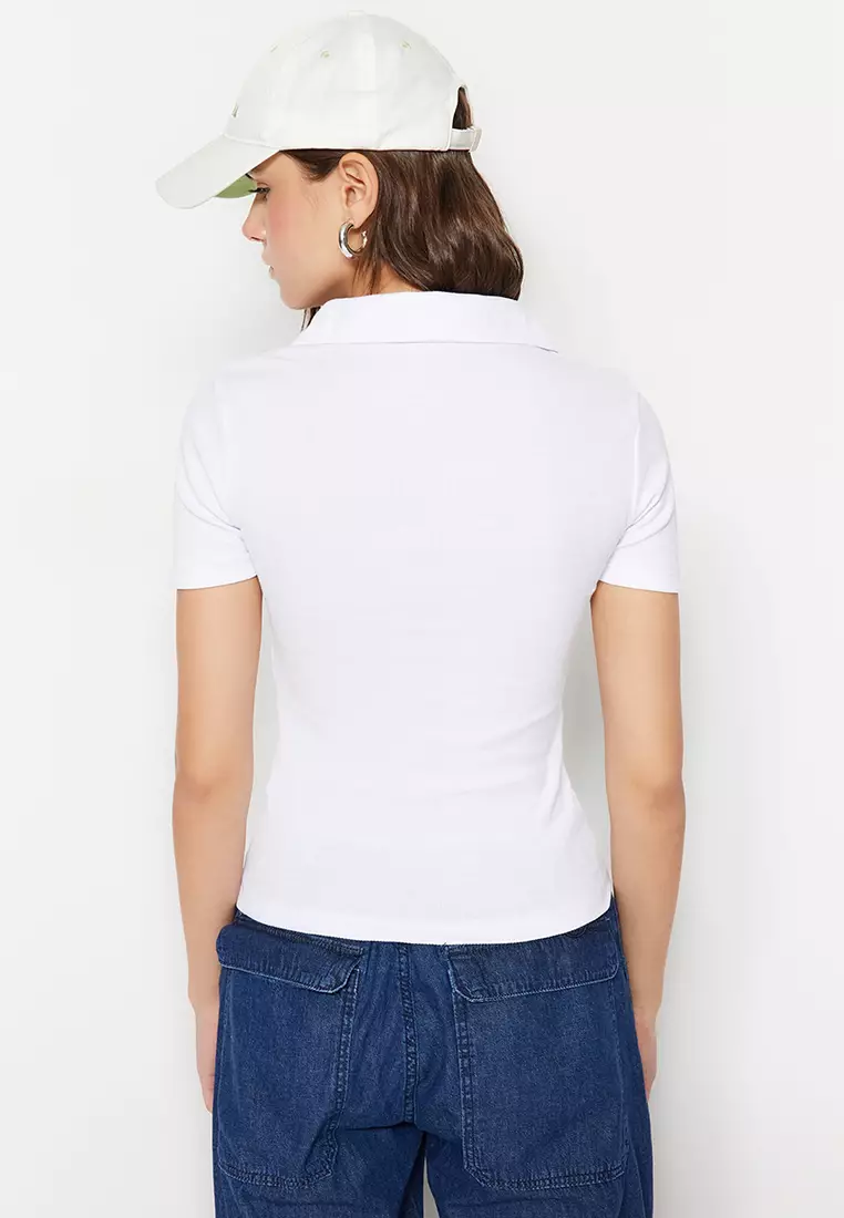 Zipper Detail Polo Collar Blouse