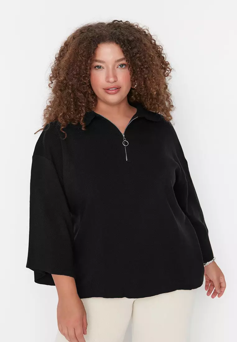 Black Polo Collar Zipper Detailed Knitwear Sweater Tbbaw23An00056