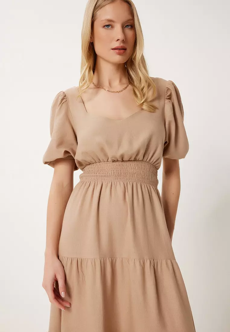Women's Beige Flounced Midi Linen Dress Fk00013