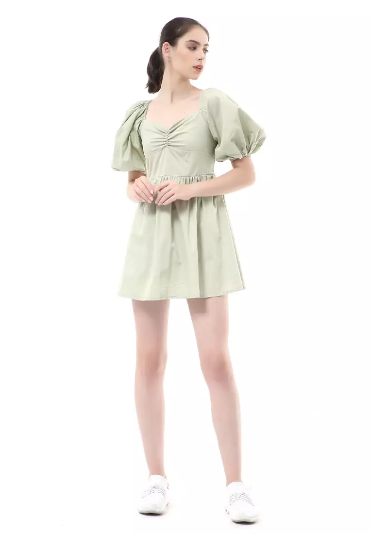 Rachel Dress Wanita Ballerina Pluffy Baloon Sleeve Simple Elegant Material Cotton ORIGINAL - Soft Green
