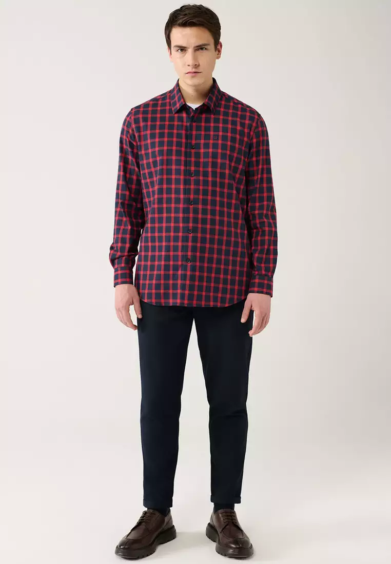 Men's Navy Blue-Red Cotton Plaid Flannel Lumberjack Shirt A32Y2158