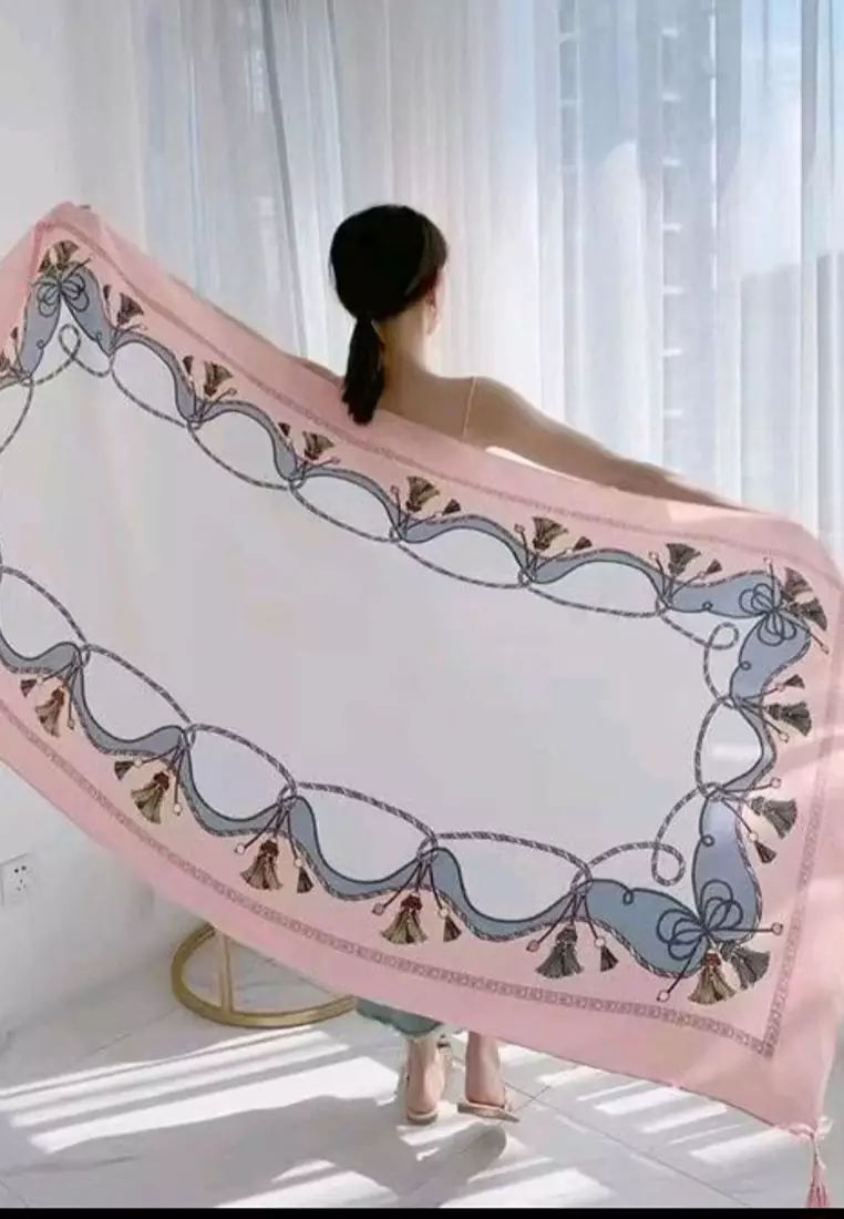 Aksesoris Wanita Ribbon Style Pattern Tassels Viscose Shawl Syal Wanita Pink & Multi