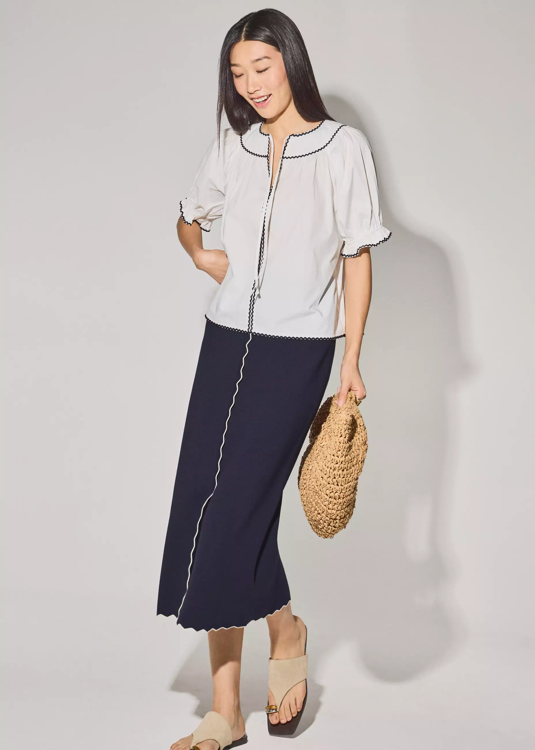 Atasan Wanita - Relaxed Cotton Scallop Trim Puff Sleeve Blouse