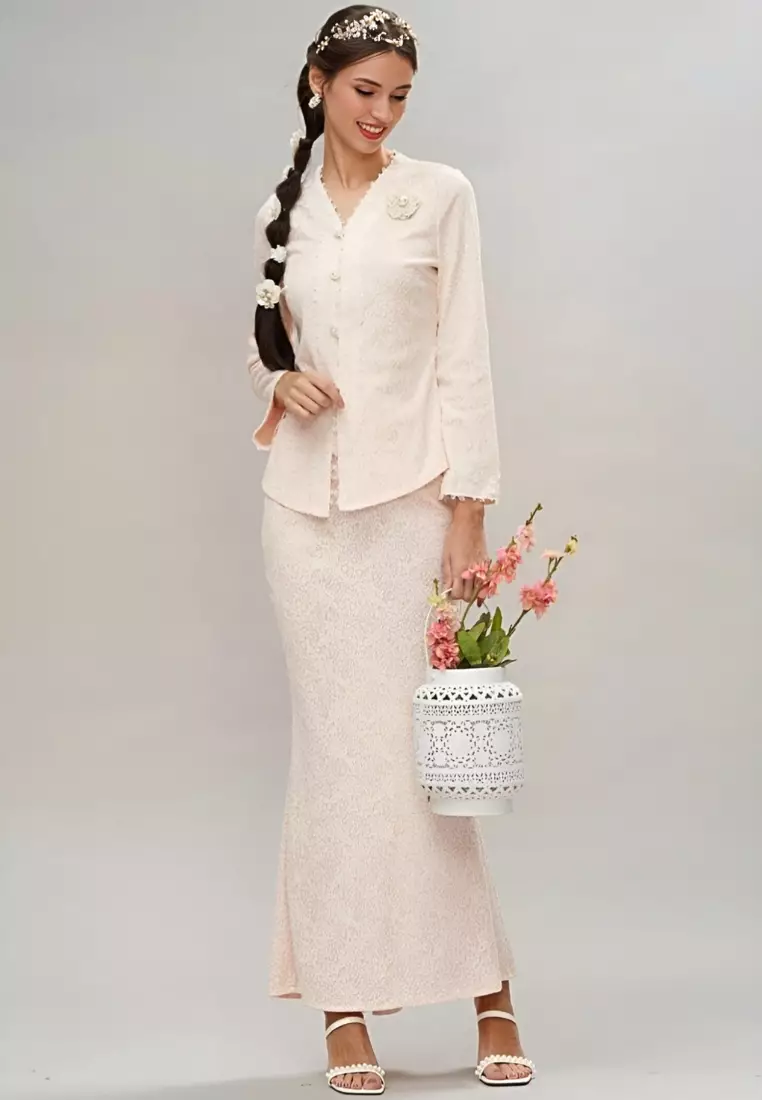 Pink 'V'neck Glitter Lace Top & Maxi Skirt Modern Kedah Kurung Hari Raya
