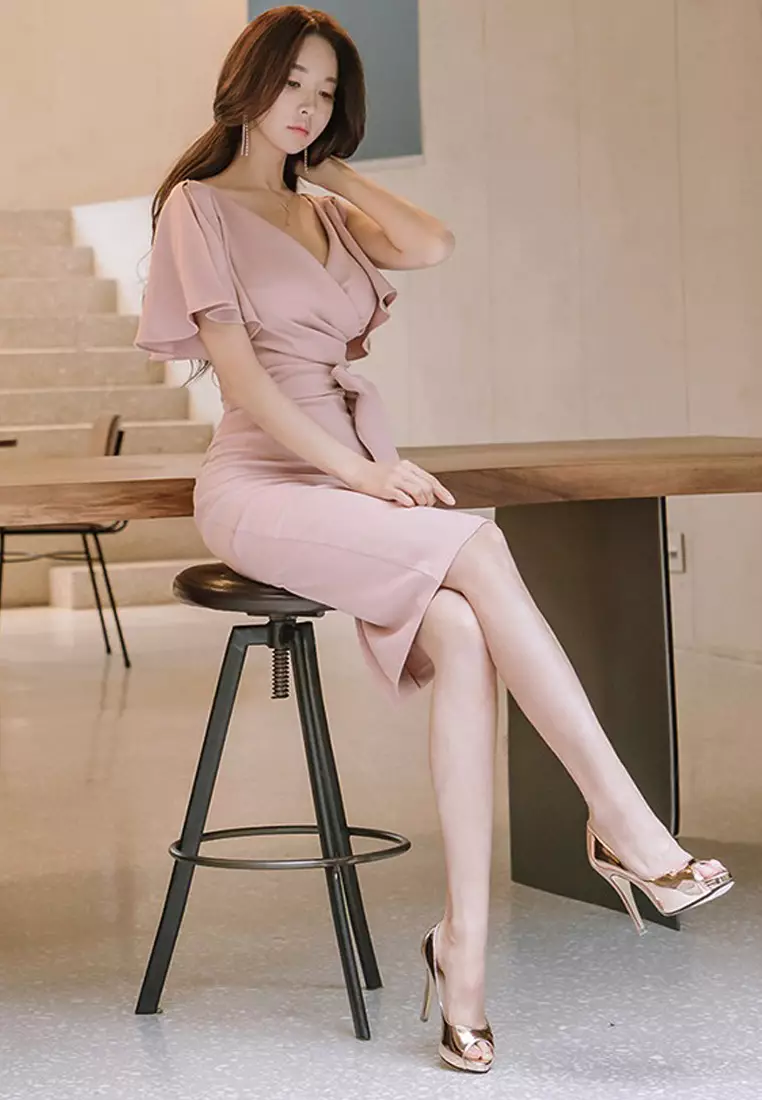 Spring New V-neck Hem Sleeve One Piece Dress UA031998-0