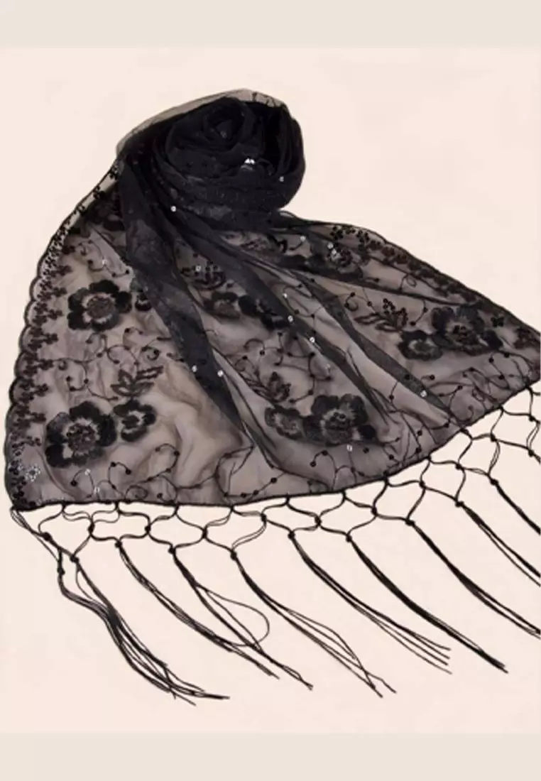 Aksesoris Wanita Small Flower Sequinn Lace Fringed Evening Shawl Syal Pesta Wanita Black