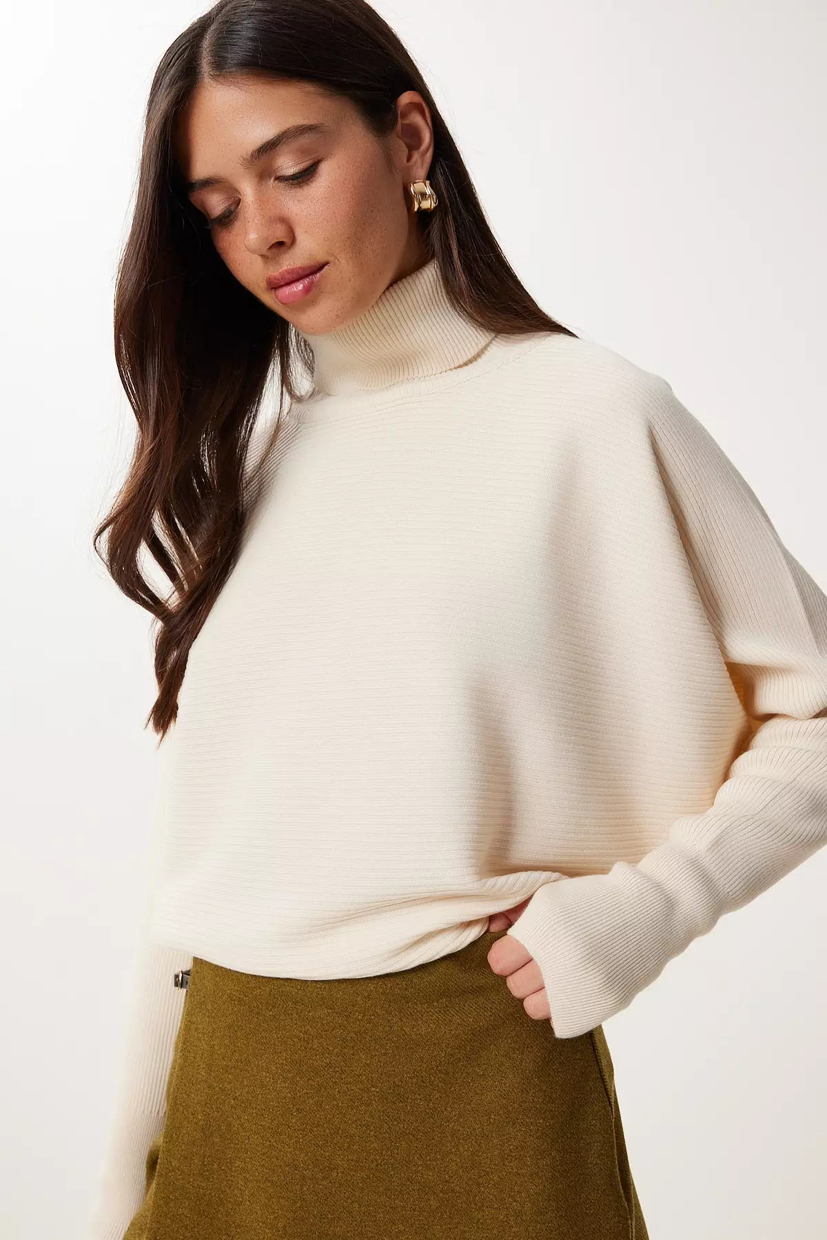 Women's Cream Finger Snap Crop Ribbed Knitwear Sweater Mx00238