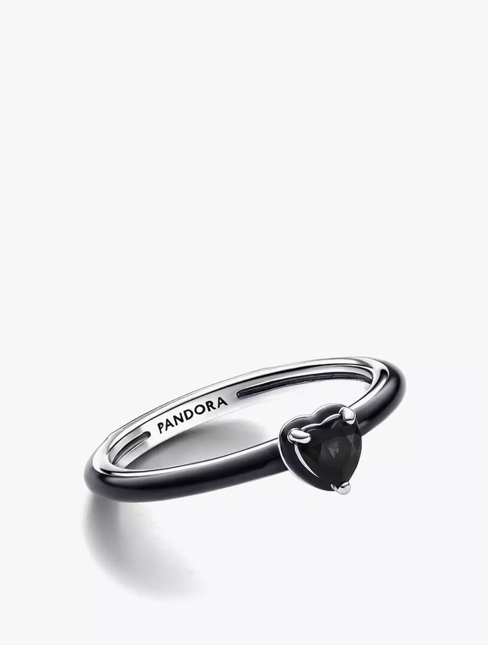 Heart sterling silver ring with black crystal and black enamel