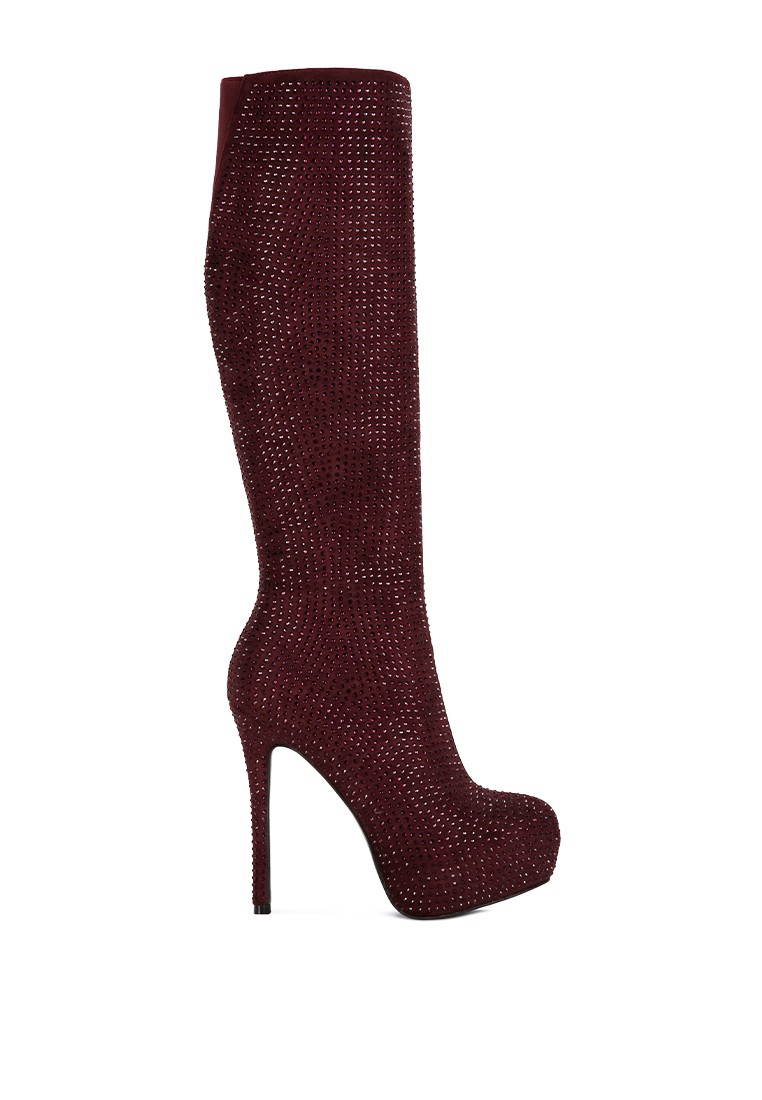 Burgundy Diamante Stiletto Calf Boots
