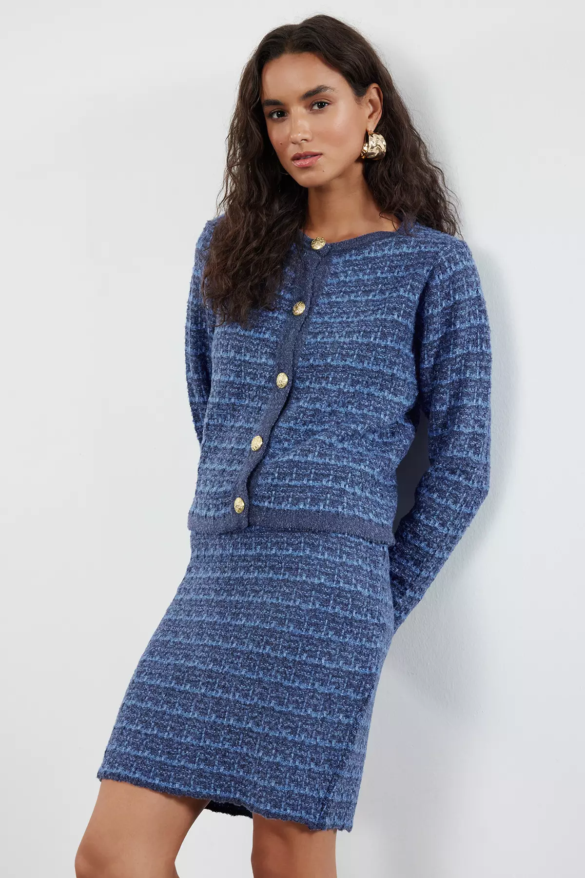 Indigo Knit Detailed Soft Texture Cardigan-Skirt Knitwear Bottom-Top Set TWOAW24AU00001