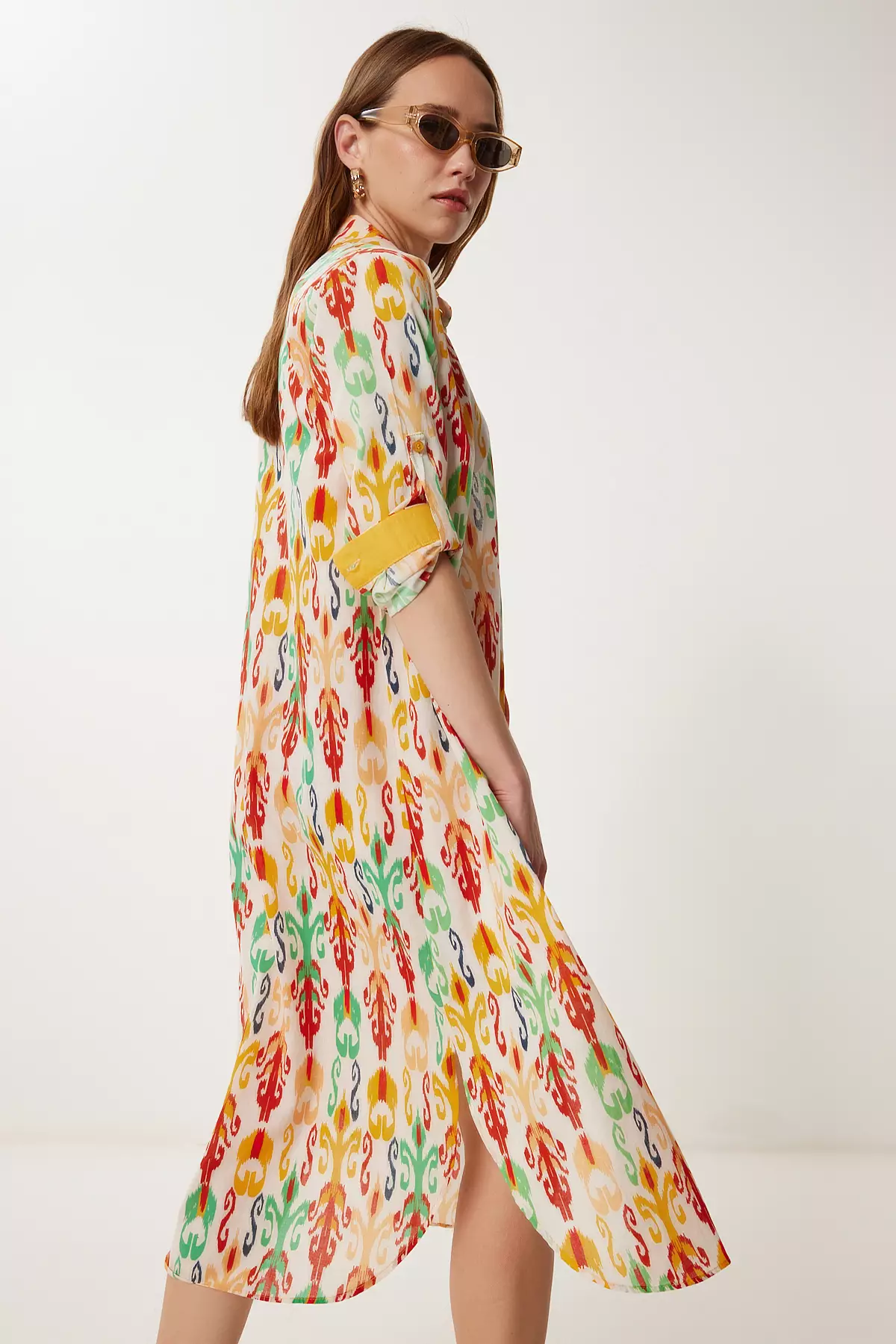 Women's Yellow Bone Pattern Summer Midi Shirt Dress Wf00114