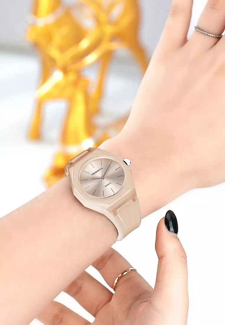 Jam Tangan Wanita Simple Analog Tali Silicone Anti Air Jam Tangan Cewek cream