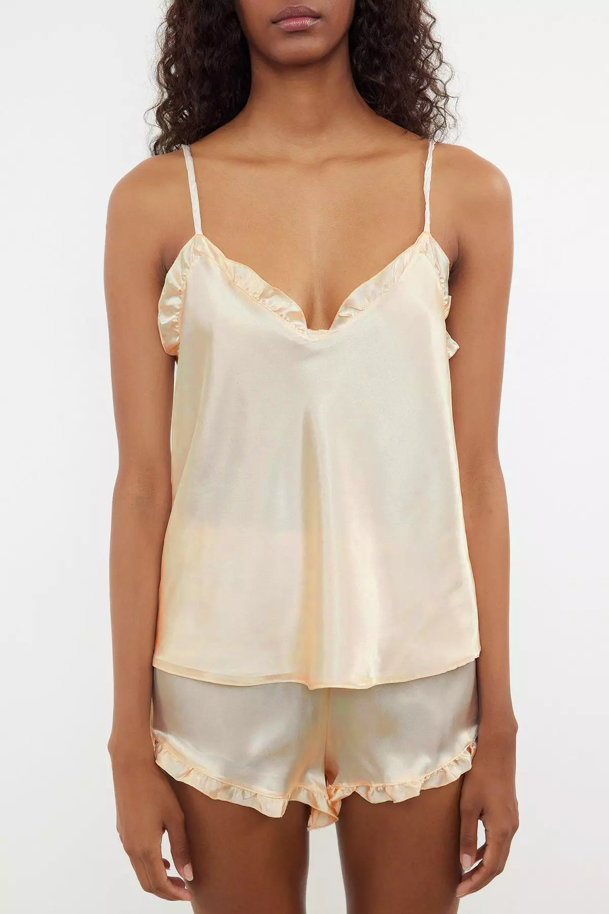 Ecru Frilled Rope Strap Satin Shorts Woven Pajama Set THMSS22PT0274