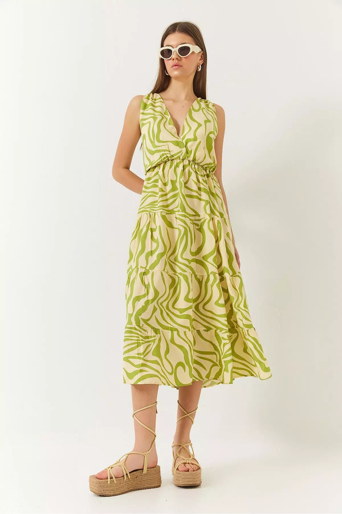 Women's Double Breasted Neckline Elastic Waist Back Rope Tie Print Dress 60261428