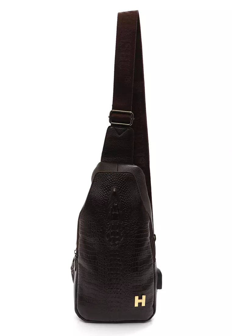 Roger Slingbag Pria Casual USB Port Motif Crocodile Material Leather ORIGINAL - Brown