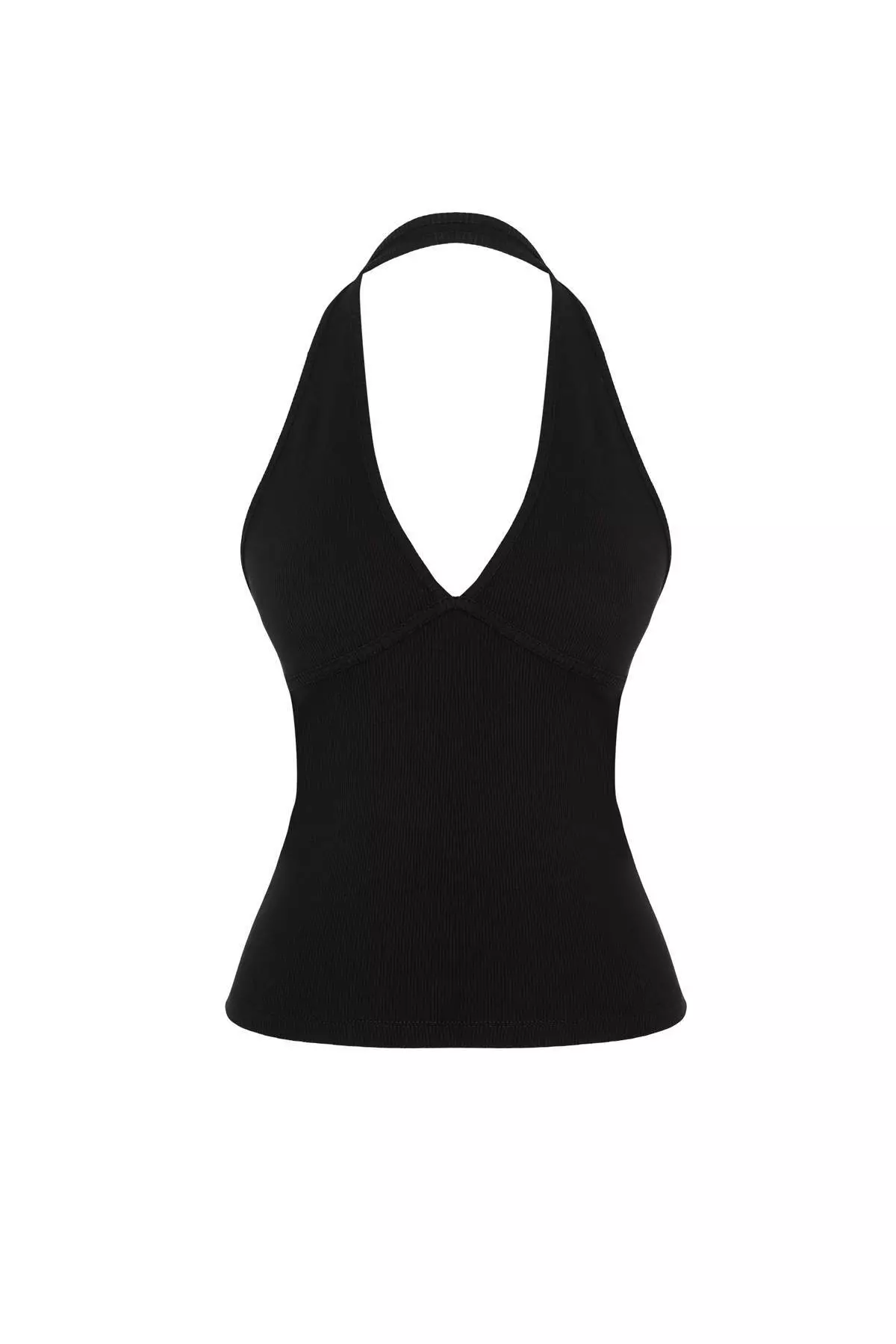 Black Fitted/Bodycon Halter Neck Tie-Detail Sleeveless Corded Fabric Stretchy Knitted Blouse Twoss26Bz00763