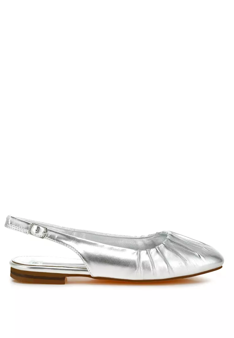 Metallic Square Toe Flat Slingbacks in Silver