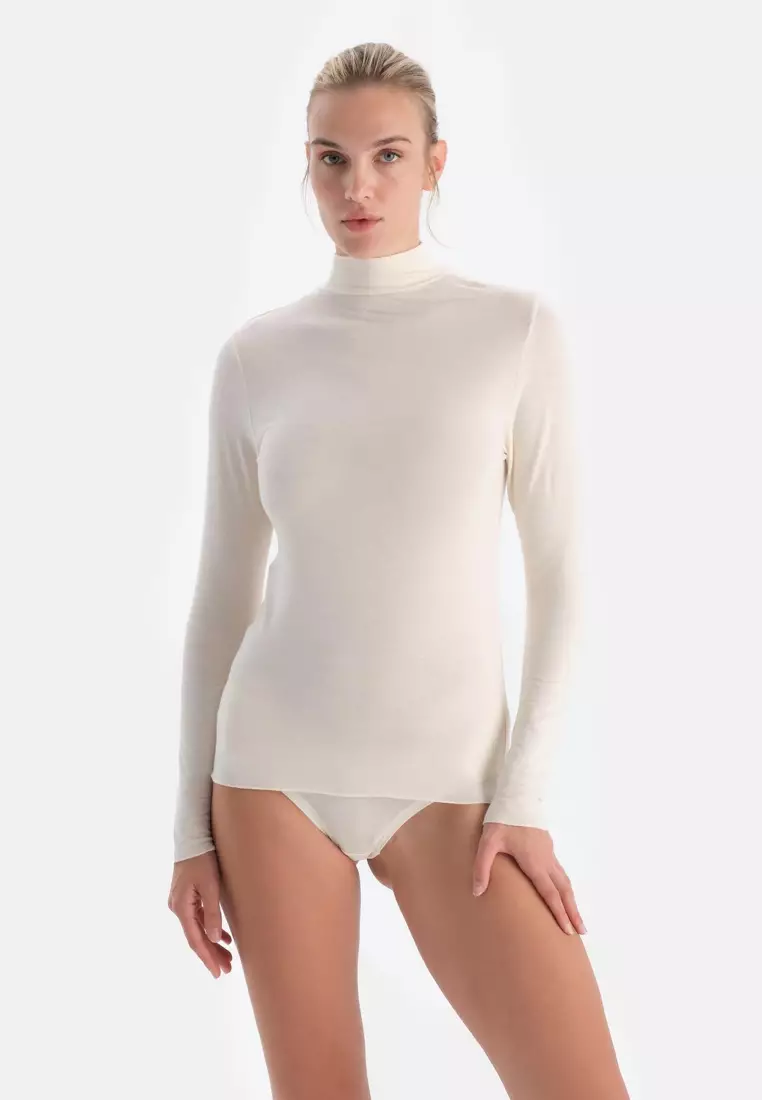 Ecru Basic T-Shirt, Fishermans Neck, Regular Fit, Long Sleeve Underwear for Women