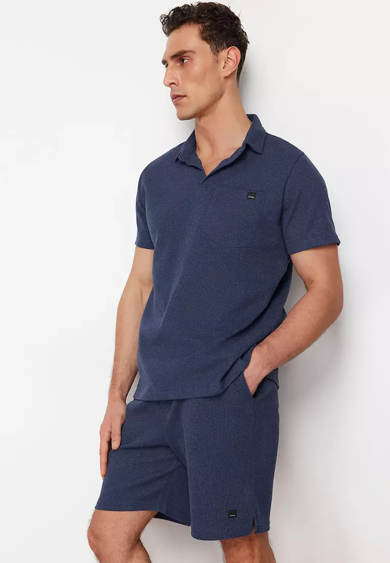 Indigo Regular Cut Textured Fabric Labeled Polo Collar Tracksuit Set TMNSS23EM00003