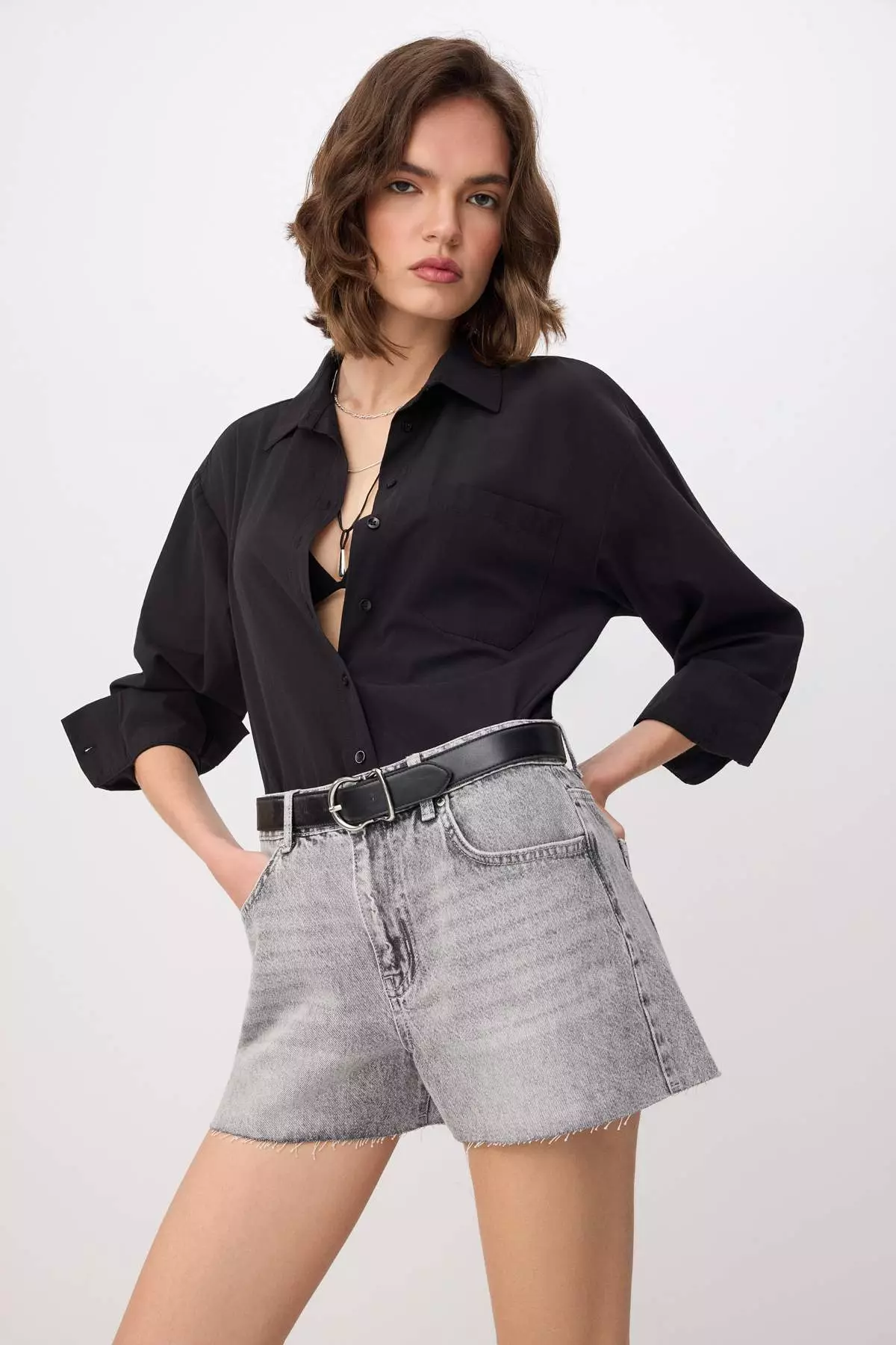 Buy Trendyol Gray High Waist Extra Mini Shorts With Cut-Off Legs