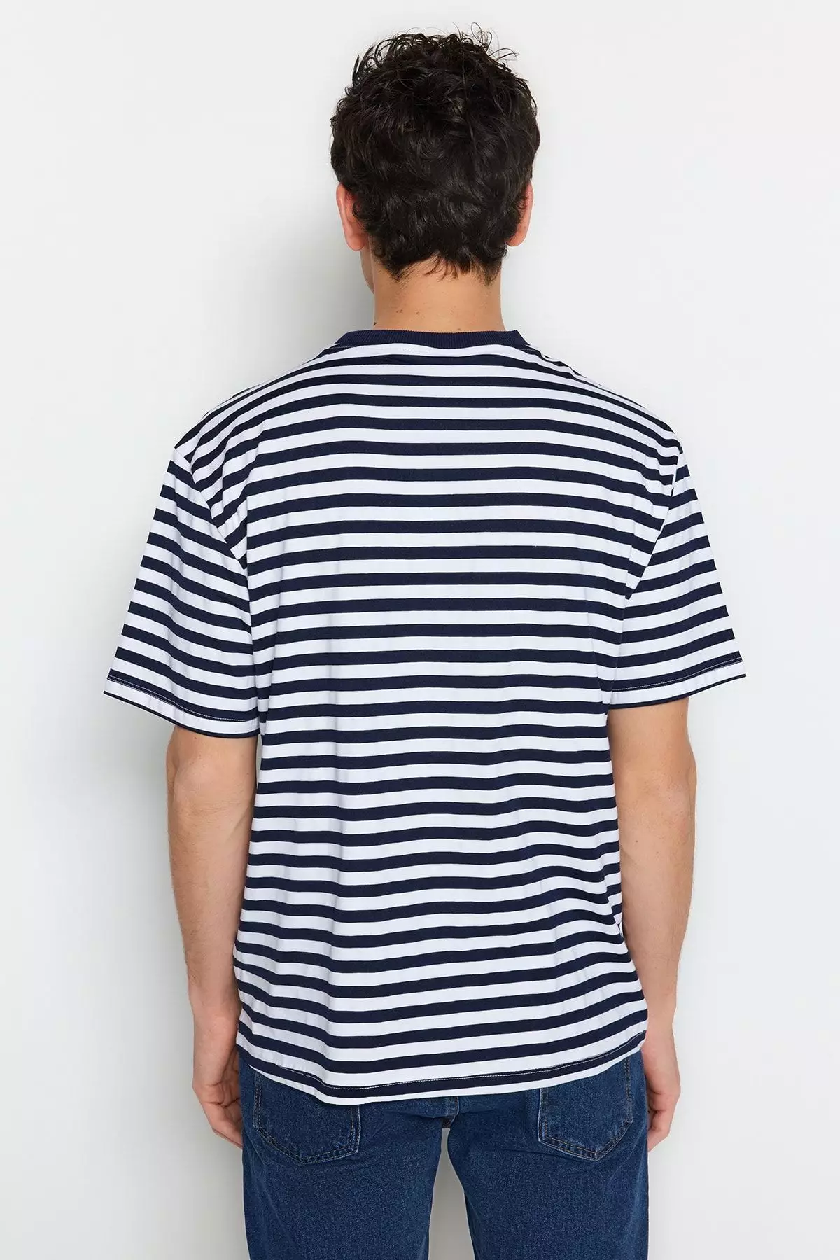 Navy Blue Oversize/Wide Cut Striped Short Sleeve T-Shirt TMNSS20TS0511