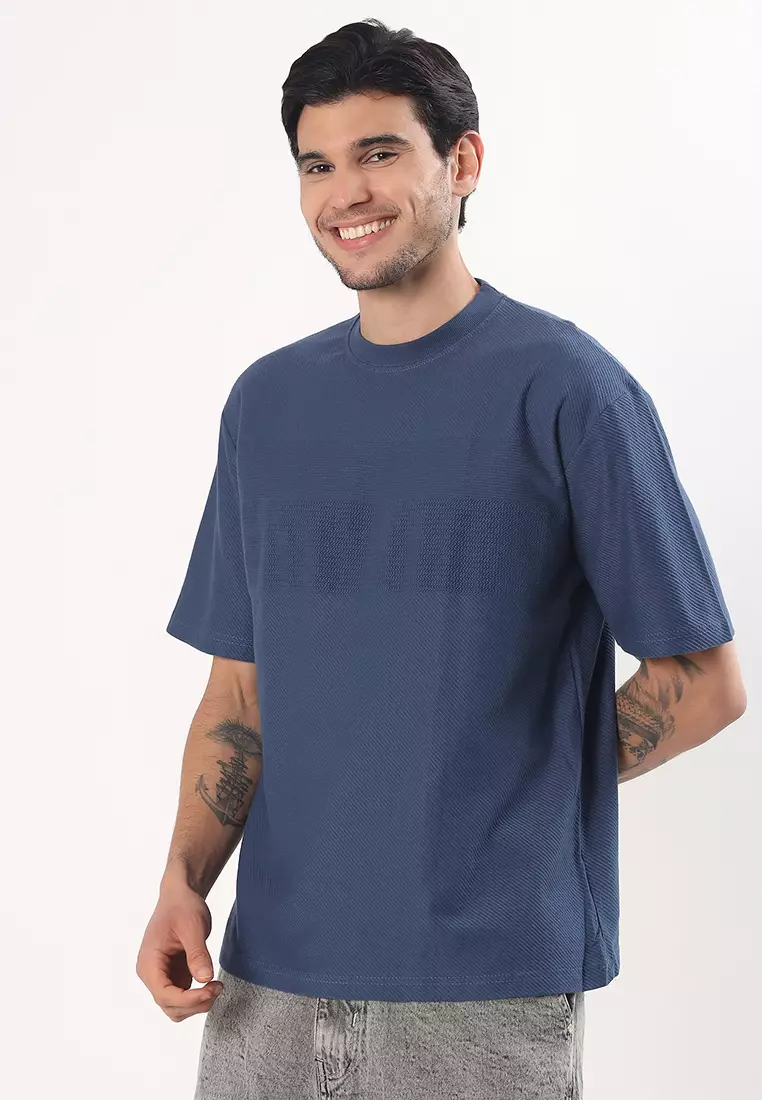 纹理蓝色棉质宽松T恤/T恤衫，圆领，短袖，休闲装、运动装、街头服饰