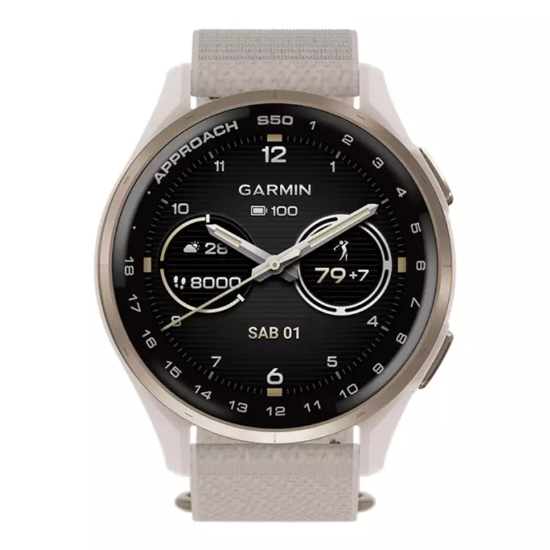 Jam Tangan Unisex Garmin Approach S50 010-03010-41 Smartwatch Advanced GPS Golf Slate Aluminum Bezel Ivory Nylon Band