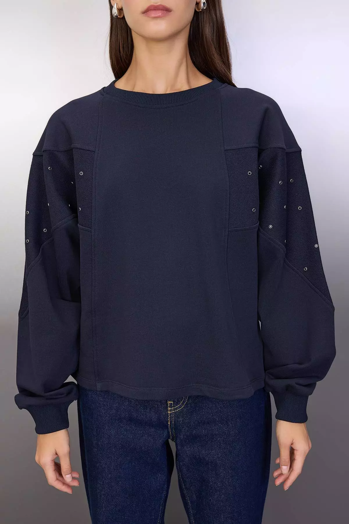 Navy Blue Eyelet Accessory Detailed Crew Neck Oversize/Wide Cut Knitted Sweatshirt