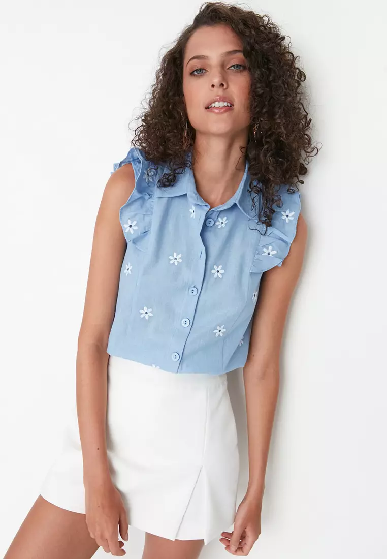 Trendyol Basics, Oversize con Colletto a Camicia, Azzurro, 38 Donna